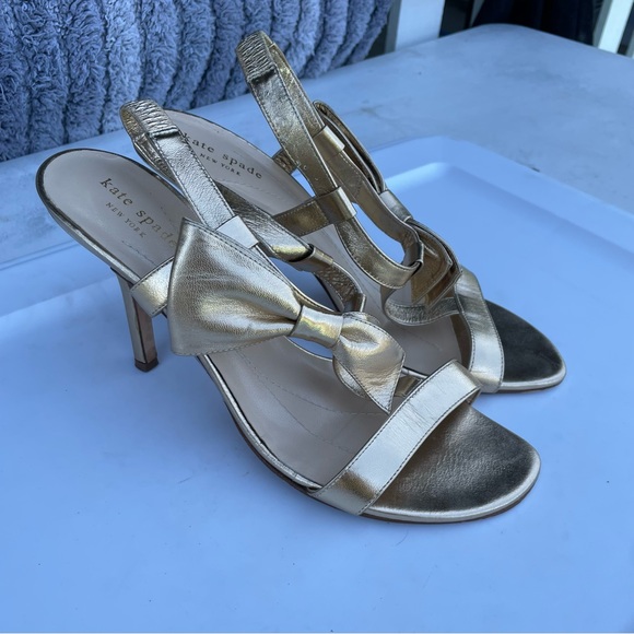 Kate spade gold leather heels size 10 shoes slingback size bow - Picture 6 of 9